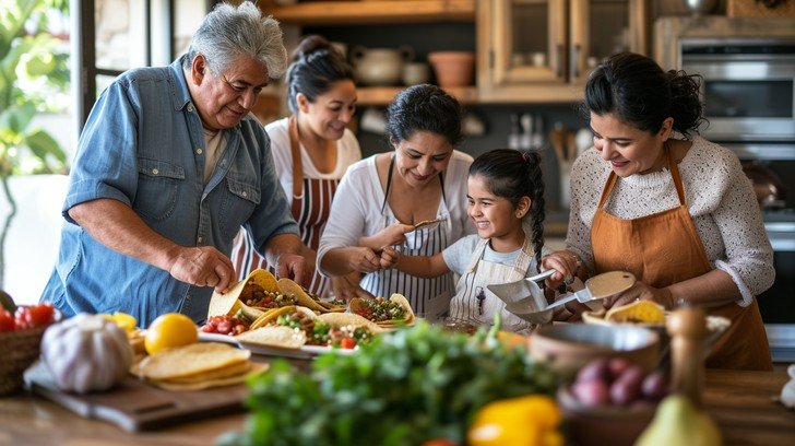 Familia hispana de tres generaciones cocinando y compartiendo en la cocina de su casa